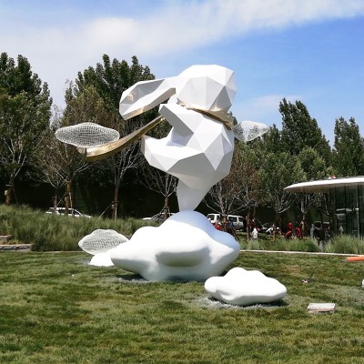 玻璃钢云朵兔子雕塑切片景观不锈钢摆件
