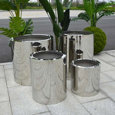不锈钢镜面户外圆筒花盆创意镜面花钵