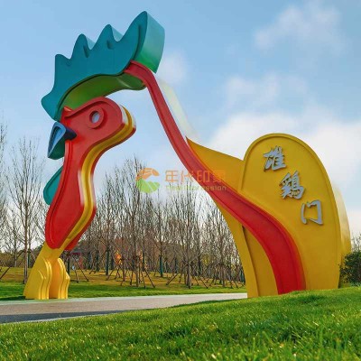 不锈钢金鸡门头雕塑金属景观造型生肖摆件