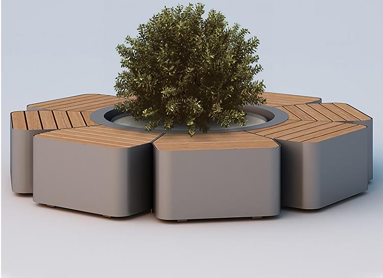 不锈钢铁皮防腐木面景观异形树池坐凳组合