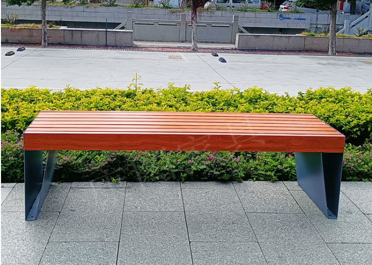 不锈钢长条木质切片坐凳组合公园广场休闲椅