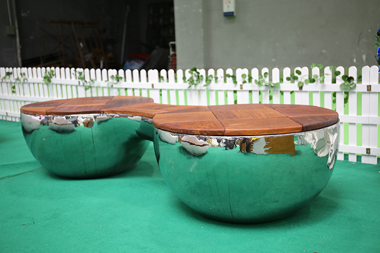 不锈钢防腐木异形坐凳创意户外金属休闲座椅