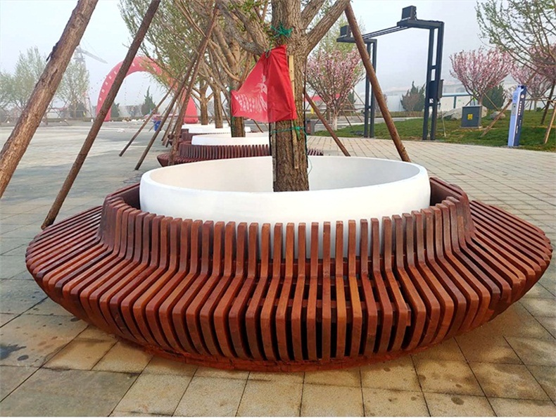 菠萝格木质切片树池坐凳圆形花坛景观座椅