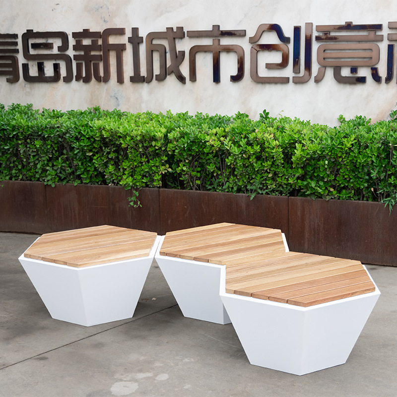 不锈钢防腐木板六边形坐凳户外艺术景观座椅