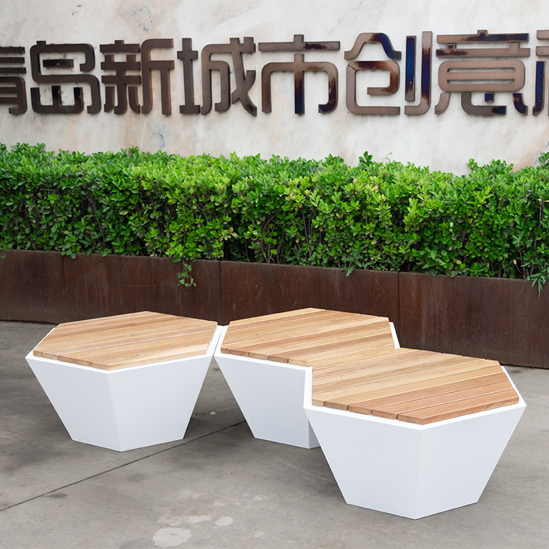不锈钢防腐木板六边形坐凳户外艺术景观座椅 不锈钢防腐木板六边形坐凳户外艺术景观座椅