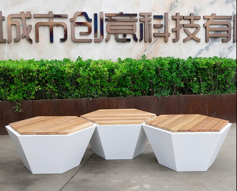 不锈钢防腐木板六边形坐凳户外艺术景观座椅 不锈钢防腐木板六边形坐凳户外艺术景观座椅
