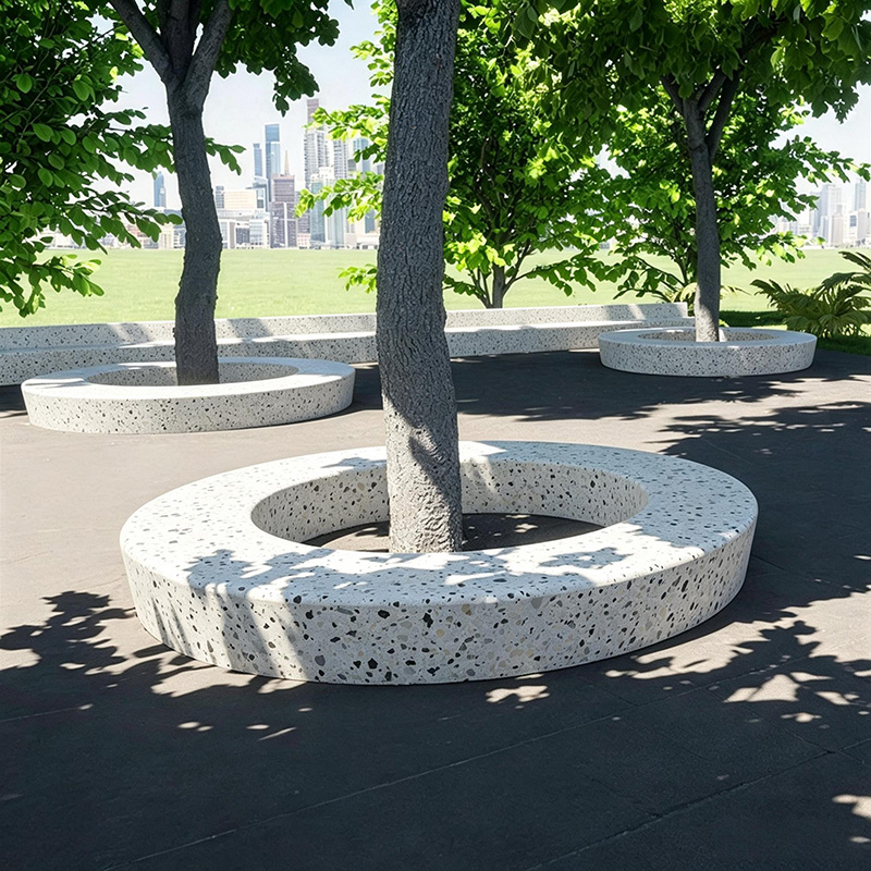 水磨石圆形树池坐凳预制混凝土花坛座椅 水磨石圆形树池坐凳预制混凝土花坛座椅